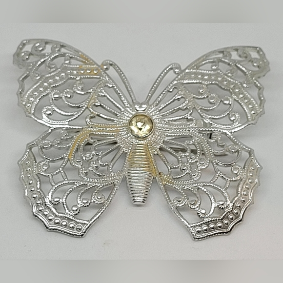 Silver Filagree Butterfly with Rhinestone - Vintage - Picture 1 of 16